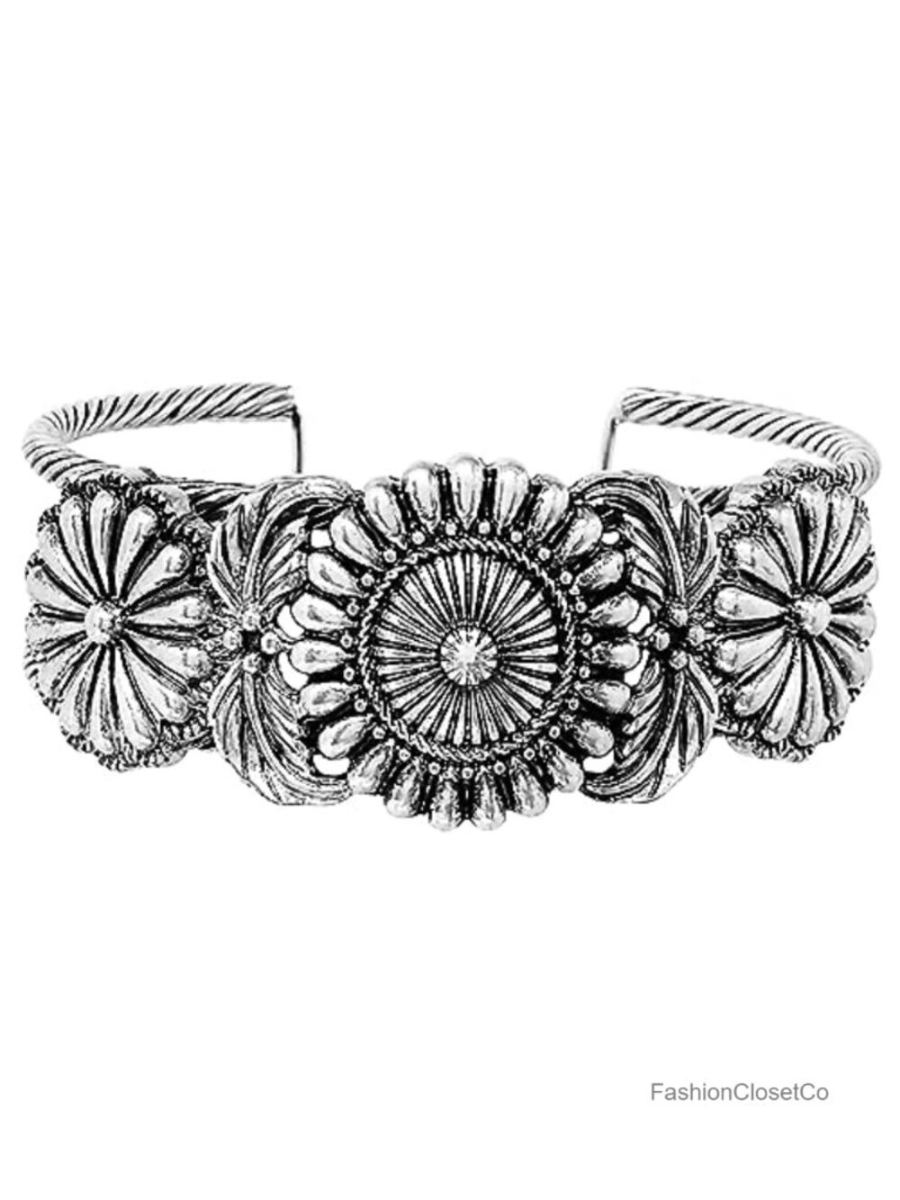 Western Burnished Silver Tone Concho Open Cuff Bracelet 7"